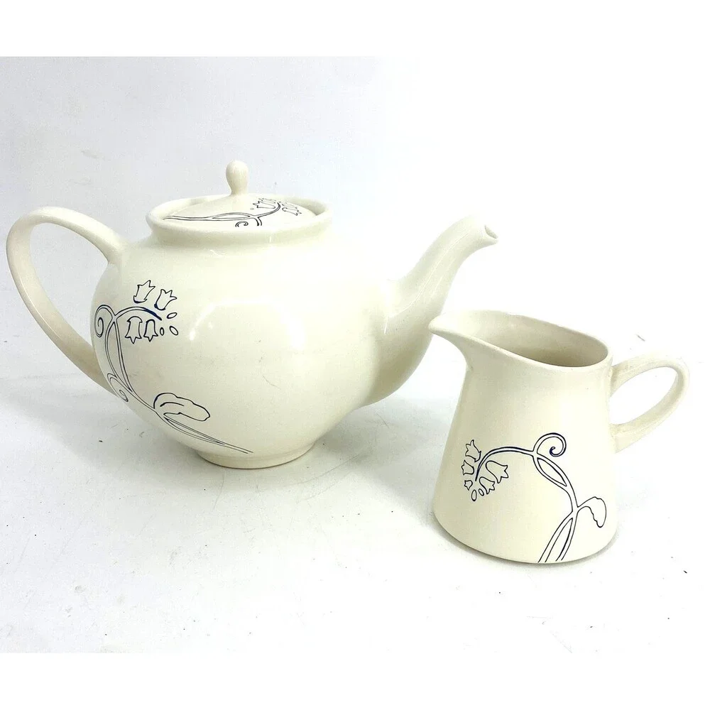 Vintage IKEA Odmjuk Teapot And Creamer Set Bone White With Navy Floral Design
